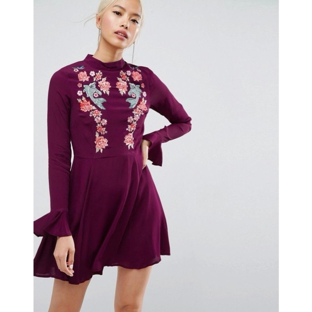 Embroidered Trumpet Sleeve Mini Dress